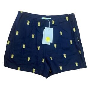 Boden Navy Tropical Yellow Pineapple Embroidered Shorts